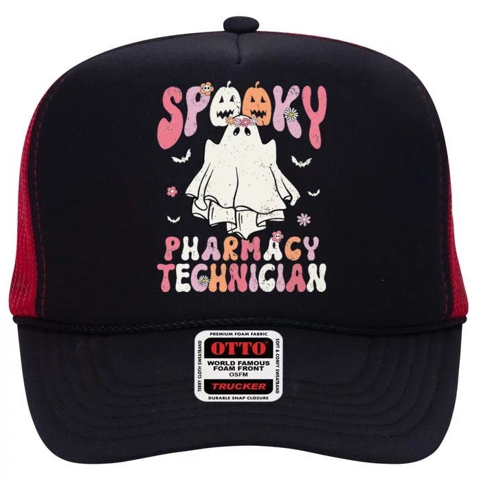 Groovy Halloween Spooky Pharmacy Tech Floral Ghost Costume High Crown Mesh Trucker Hat