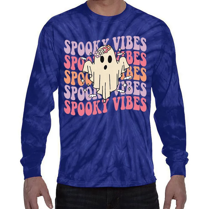 Groovy Halloween Spooky Vibes Retro Floral Ghost Costume Tie-Dye Long Sleeve Shirt