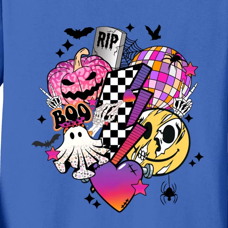 Groovy Halloween Spooky Vibes Ghost Boo Smile Face Pumpkin Cool Gift Kids Long Sleeve Shirt