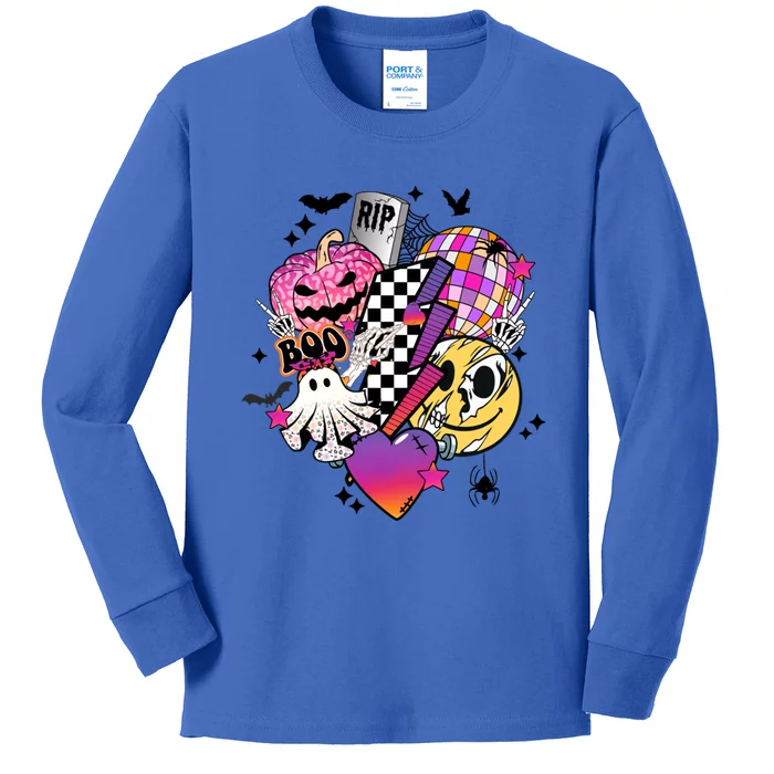 Groovy Halloween Spooky Vibes Ghost Boo Smile Face Pumpkin Cool Gift Kids Long Sleeve Shirt