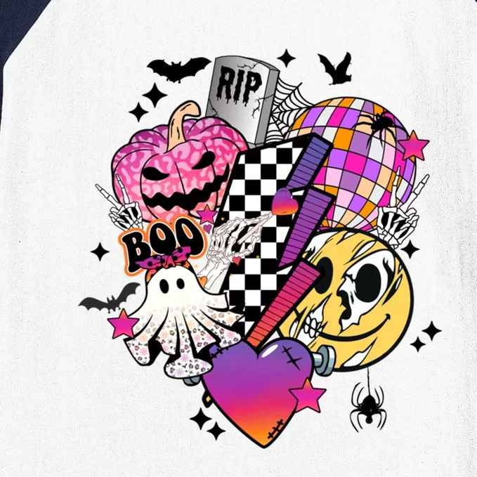 Groovy Halloween Spooky Vibes Ghost Boo Smile Face Pumpkin Cool Gift Baseball Sleeve Shirt