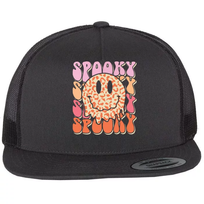 Groovy Halloween Spooky Leopard Smile Face Checkered Flat Bill Trucker Hat