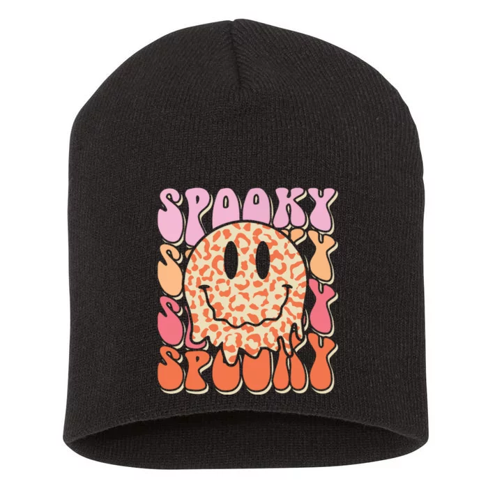 Groovy Halloween Spooky Leopard Smile Face Checkered Short Acrylic Beanie