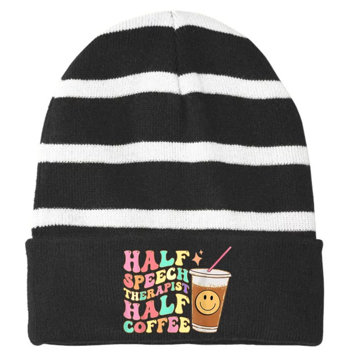 Groovy Half Speech Therapist Half Coffee SLP Speech Therapy Striped Beanie with Solid Band