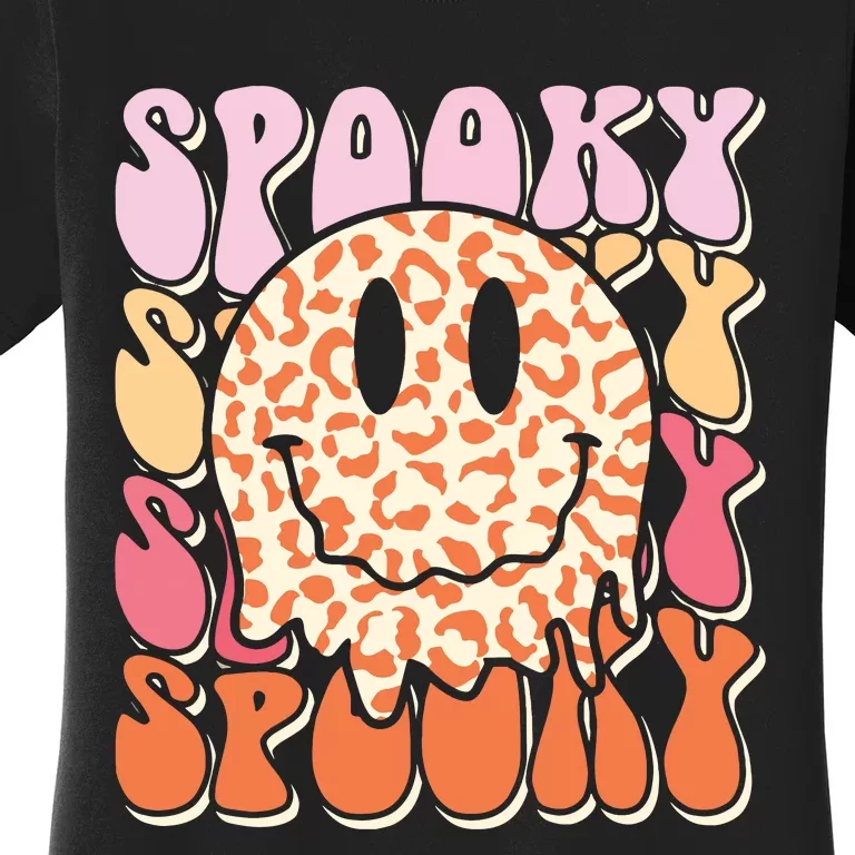 Groovy Halloween Spooky Leopard Smile Face Checkered Women's T-Shirt