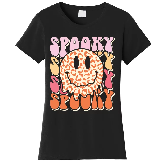 Groovy Halloween Spooky Leopard Smile Face Checkered Women's T-Shirt