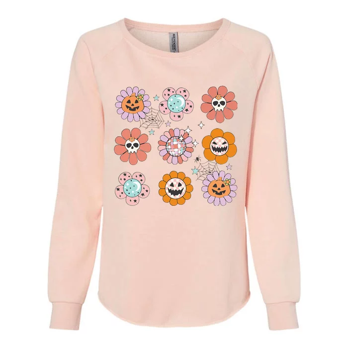 Groovy Halloween Smile Face Disco Retro Pumpkin Skull Hippie Womens California Wash Sweatshirt