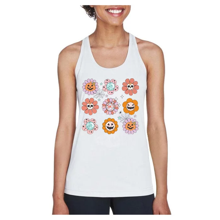 Groovy Halloween Smile Face Disco Retro Pumpkin Skull Hippie Women's Racerback Tank