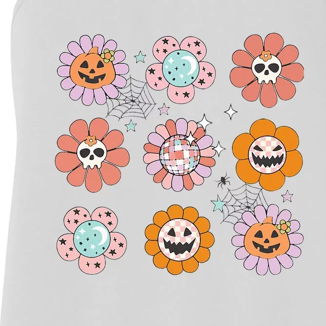 Groovy Halloween Smile Face Disco Retro Pumpkin Skull Hippie Women's Racerback Tank