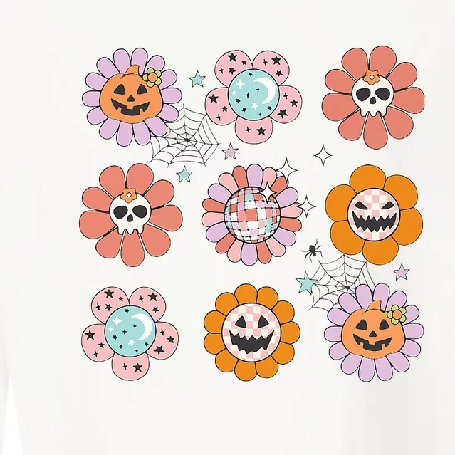 Groovy Halloween Smile Face Disco Retro Pumpkin Skull Hippie Cropped Pullover Crew