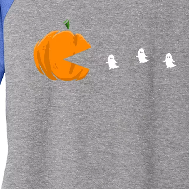 Gamer Halloween Scary Pumpkin Eating Ghost Gift Women's Tri-Blend 3/4-Sleeve Raglan Shirt