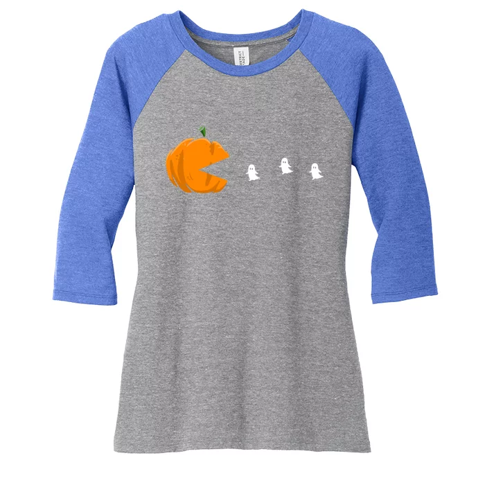 Gamer Halloween Scary Pumpkin Eating Ghost Gift Women's Tri-Blend 3/4-Sleeve Raglan Shirt