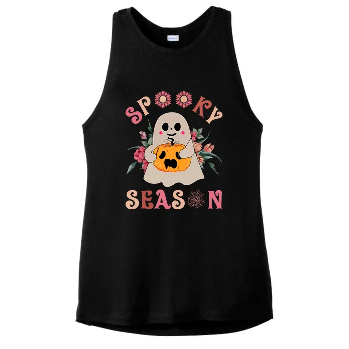 Groovy Halloween Spooky Season Cute Ghost Holding Pumpkin Gift Ladies Tri-Blend Wicking Tank