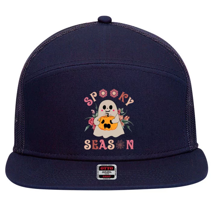 Groovy Halloween Spooky Season Cute Ghost Holding Pumpkin Gift 7 Panel Mesh Trucker Snapback Hat