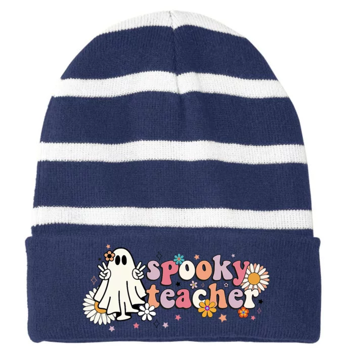 Groovy Halloween Spooky Teacher Trick Or Teach Teacher Striped Beanie with Solid Band