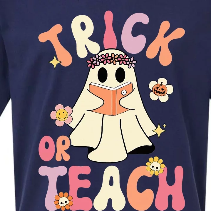 Groovy Halloween Trick Or Teach Retro Floral Ghost Teacher Sueded Cloud Jersey T-Shirt