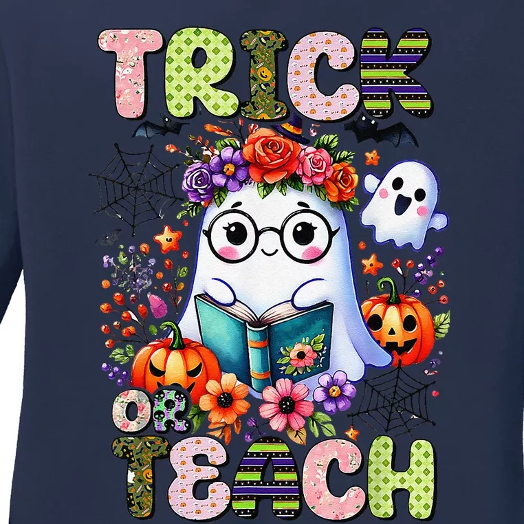 Groovy Halloween Trick Or Teach Retro Floral Ghost Teacher Ladies Long Sleeve Shirt