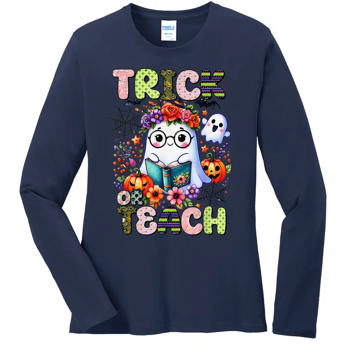 Groovy Halloween Trick Or Teach Retro Floral Ghost Teacher Ladies Long Sleeve Shirt