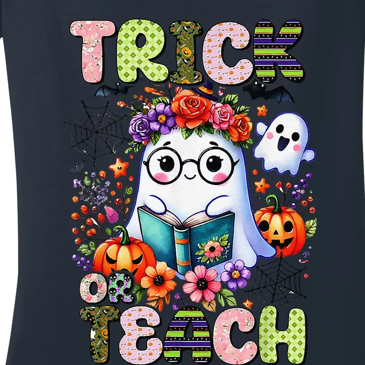 Groovy Halloween Trick Or Teach Retro Floral Ghost Teacher Women's V-Neck T-Shirt