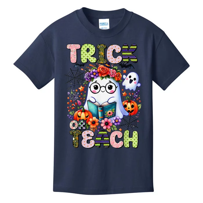 Groovy Halloween Trick Or Teach Retro Floral Ghost Teacher Kids T-Shirt