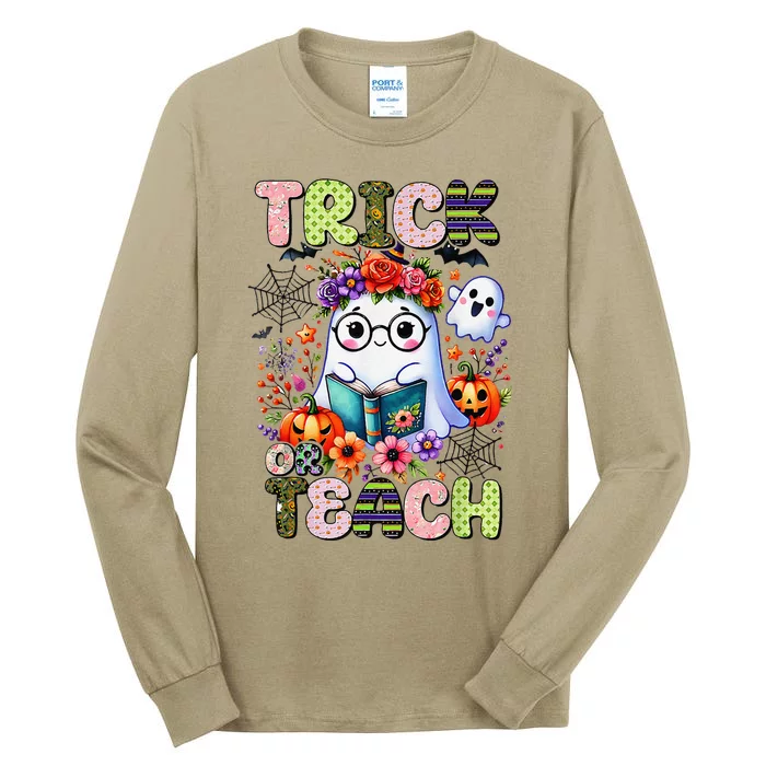 Groovy Halloween Trick Or Teach Retro Floral Ghost Teacher Tall Long Sleeve T-Shirt