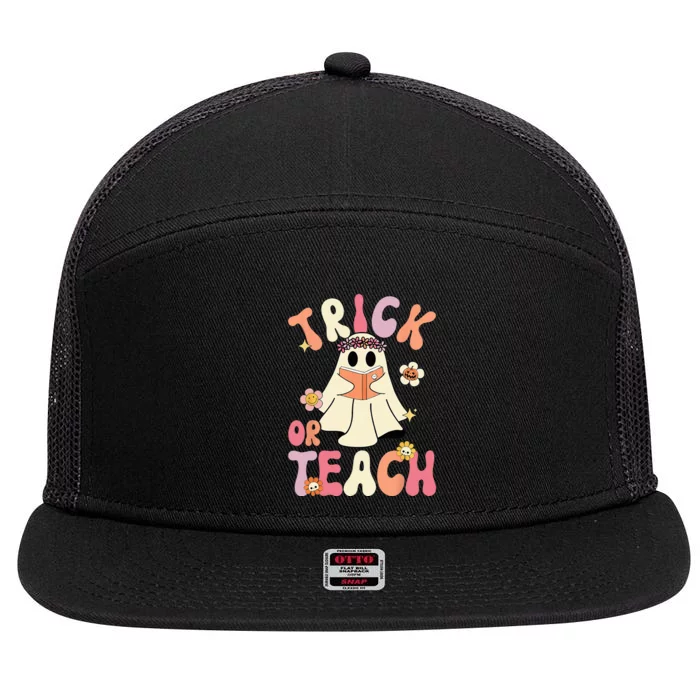 Groovy Halloween Trick Or Teach Retro Floral Ghost Teacher 7 Panel Mesh Trucker Snapback Hat