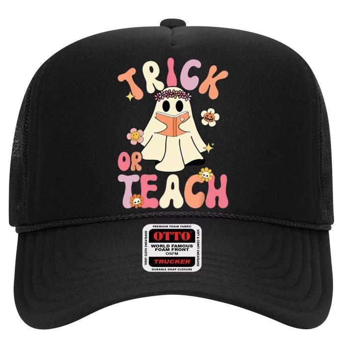 Groovy Halloween Trick Or Teach Retro Floral Ghost Teacher High Crown Mesh Trucker Hat