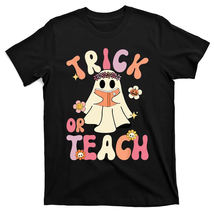 Groovy Halloween Trick Or Teach Retro Floral Ghost Teacher T-Shirt