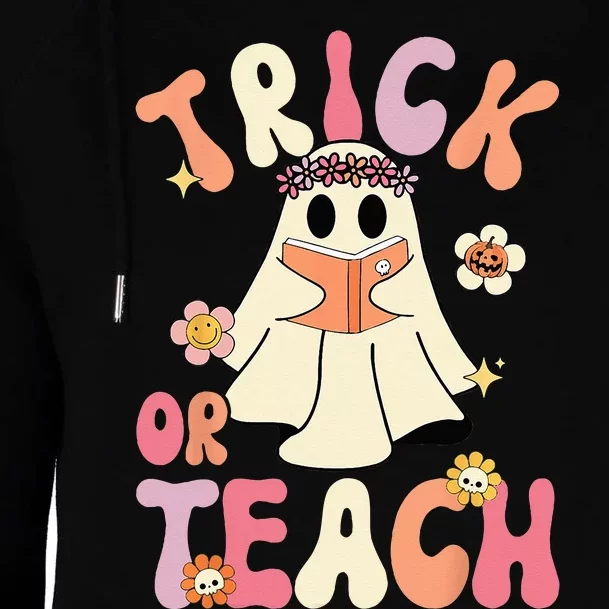 Groovy Halloween Trick Or Teach Retro Floral Ghost Teacher Womens Funnel Neck Pullover Hood