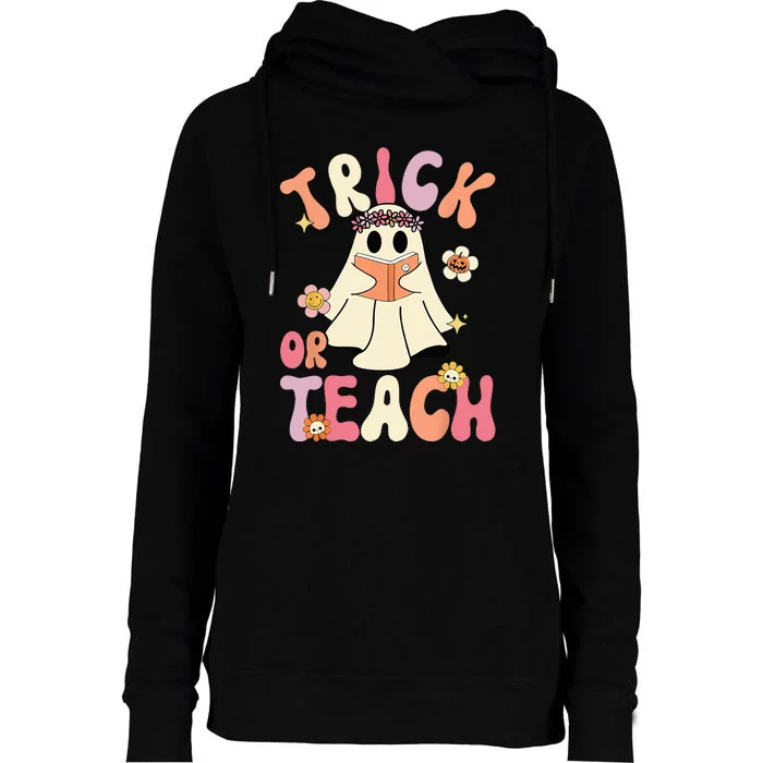 Groovy Halloween Trick Or Teach Retro Floral Ghost Teacher Womens Funnel Neck Pullover Hood