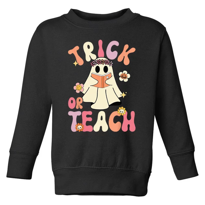 Groovy Halloween Trick Or Teach Retro Floral Ghost Teacher Toddler Sweatshirt