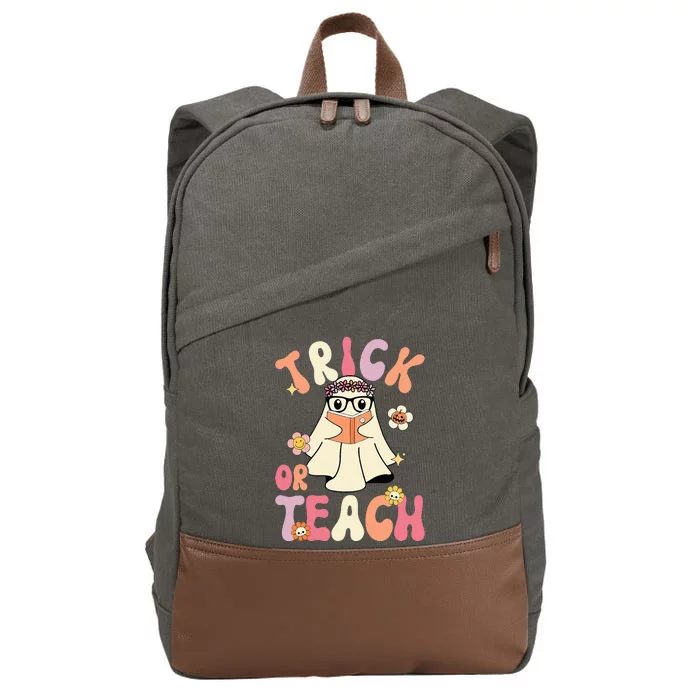 Groovy Halloween Trick or Teach Retro Floral Ghost Teacher Cotton Canvas Backpack