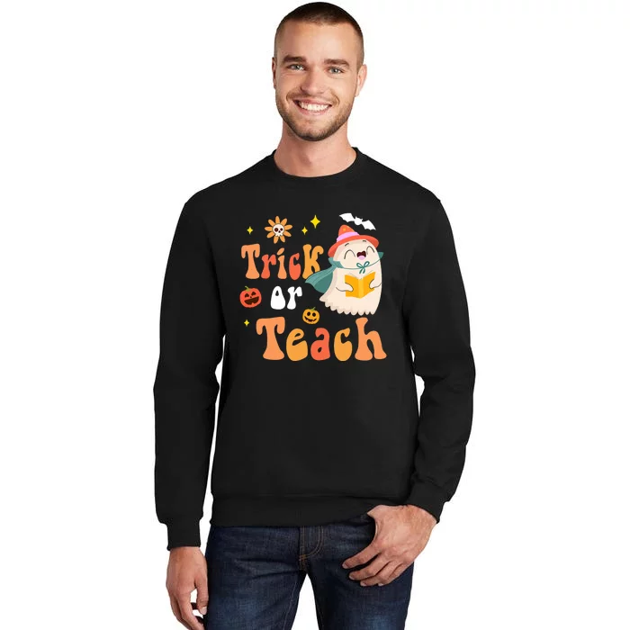 Groovy Halloween Trick Or Teach Floral Ghost Teacher Tall Sweatshirt