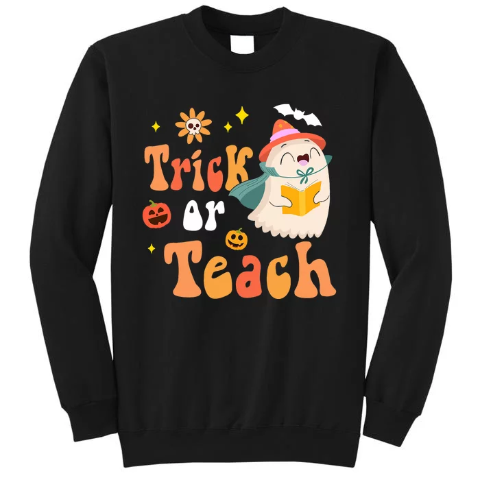 Groovy Halloween Trick Or Teach Floral Ghost Teacher Tall Sweatshirt