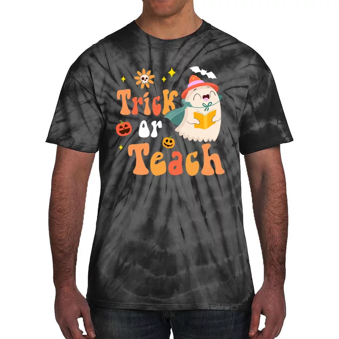 Groovy Halloween Trick Or Teach Floral Ghost Teacher Tie-Dye T-Shirt