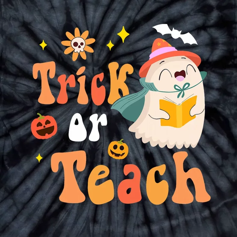 Groovy Halloween Trick Or Teach Floral Ghost Teacher Tie-Dye T-Shirt