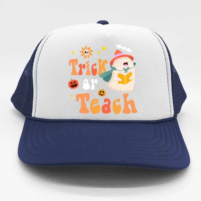 Groovy Halloween Trick Or Teach Floral Ghost Teacher Trucker Hat