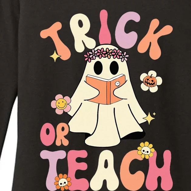 Groovy Halloween Trick or Teach Retro Floral Ghost Teacher Womens CVC Long Sleeve Shirt