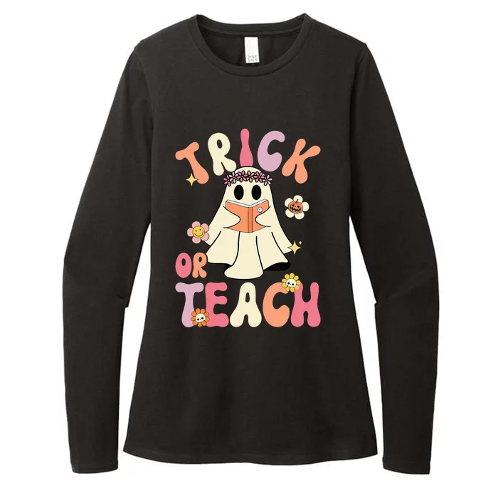 Groovy Halloween Trick or Teach Retro Floral Ghost Teacher Womens CVC Long Sleeve Shirt