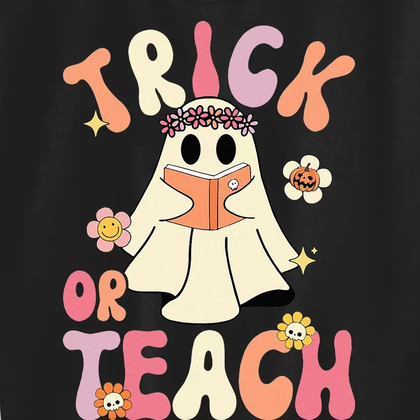 Groovy Halloween Trick or Teach Retro Floral Ghost Teacher Kids Sweatshirt