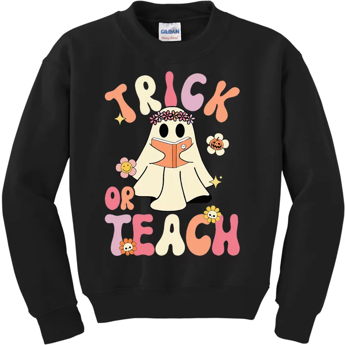 Groovy Halloween Trick or Teach Retro Floral Ghost Teacher Kids Sweatshirt