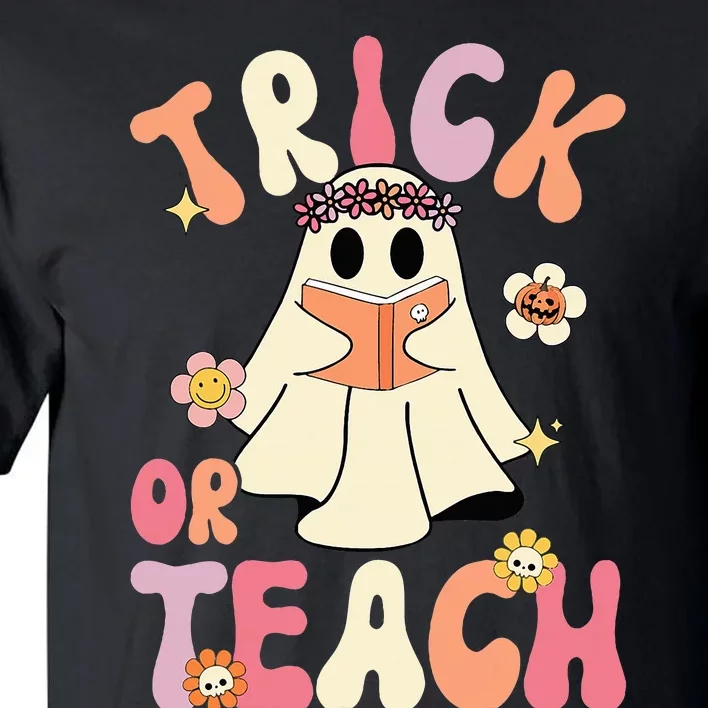 Groovy Halloween Trick Or Teach Retro Floral Ghost Teacher Tall T-Shirt