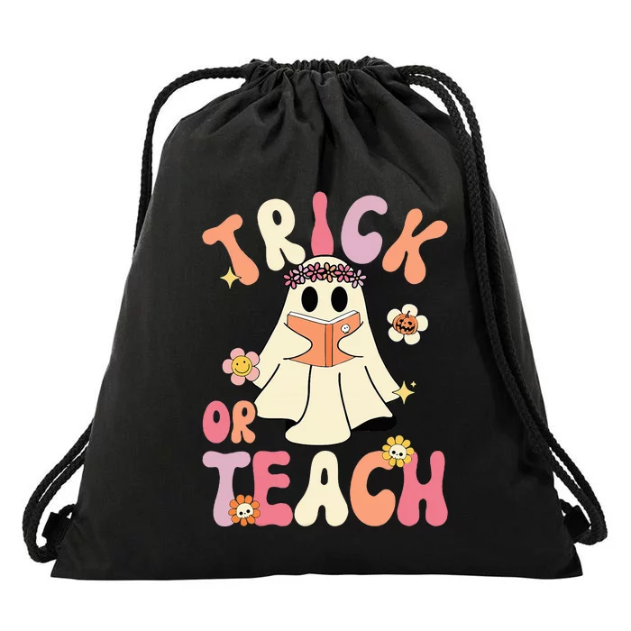 Groovy Halloween Trick Or Teach Retro Floral Ghost Teacher Drawstring Bag