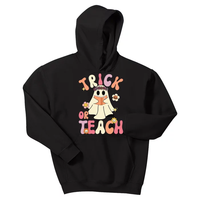 Groovy Halloween Trick Or Teach Retro Floral Ghost Teacher Kids Hoodie