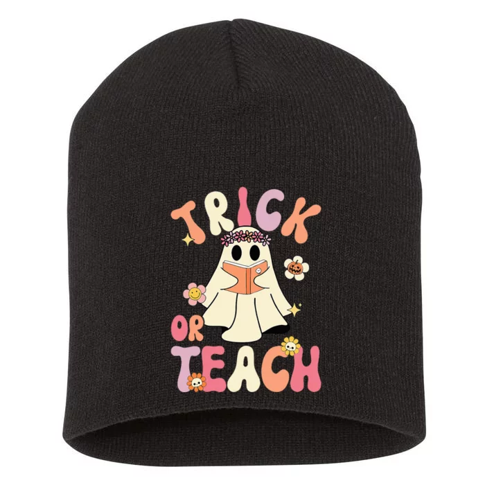 Groovy Halloween Trick Or Teach Retro Floral Ghost Teacher Short Acrylic Beanie