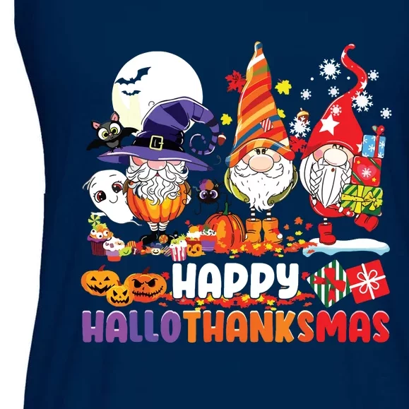 Gnomes Halloween Thanksgiving Christmas Happy Hallothanksmas Ladies Essential Flowy Tank