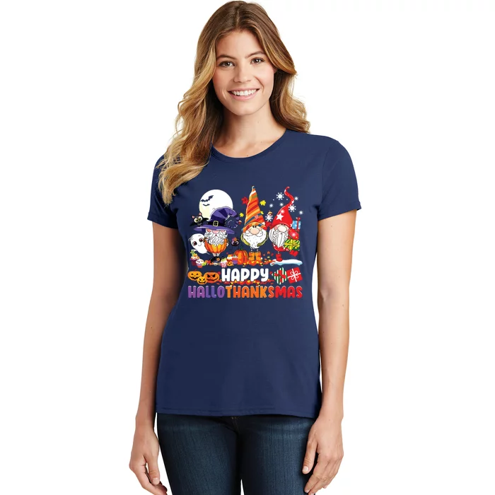 Gnomes Halloween Thanksgiving Christmas Happy Hallothanksmas Women's T-Shirt