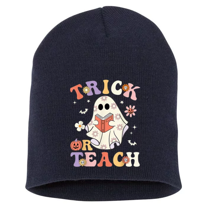 Groovy Halloween Trick Or Teach Retro Floral Ghost Teacher Short Acrylic Beanie