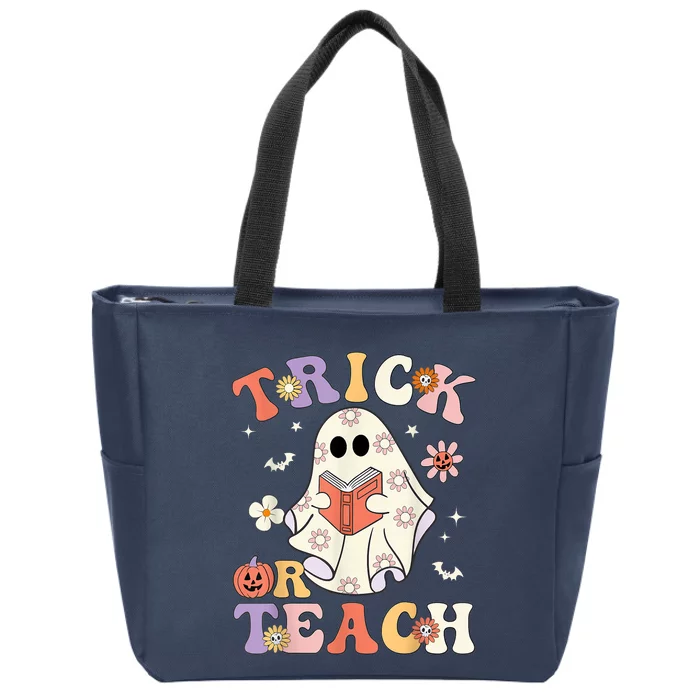 Groovy Halloween Trick Or Teach Retro Floral Ghost Teacher Zip Tote Bag