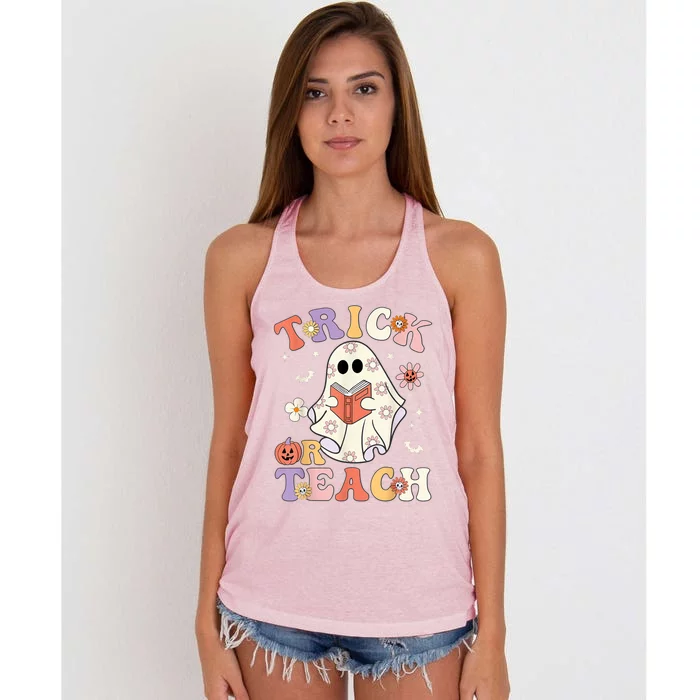 Groovy Halloween Trick Or Teach Retro Floral Ghost Teacher Women's Knotted Racerback Tank